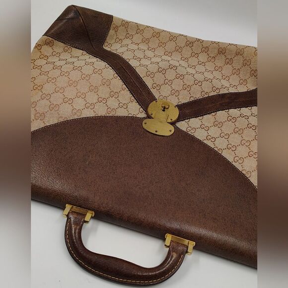 Gucci Brown Leather & Cream Logo Monogram Satchel Bag Vintage - Picture 9 of 16